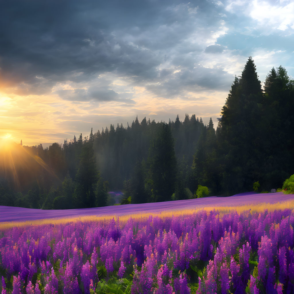 Vibrant purple lupine field at sunset with forest backdrop