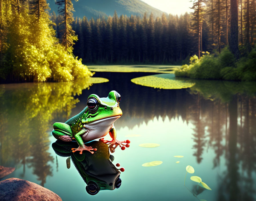 Frog with snail on head at forest lake with reflection in hazy blue sky