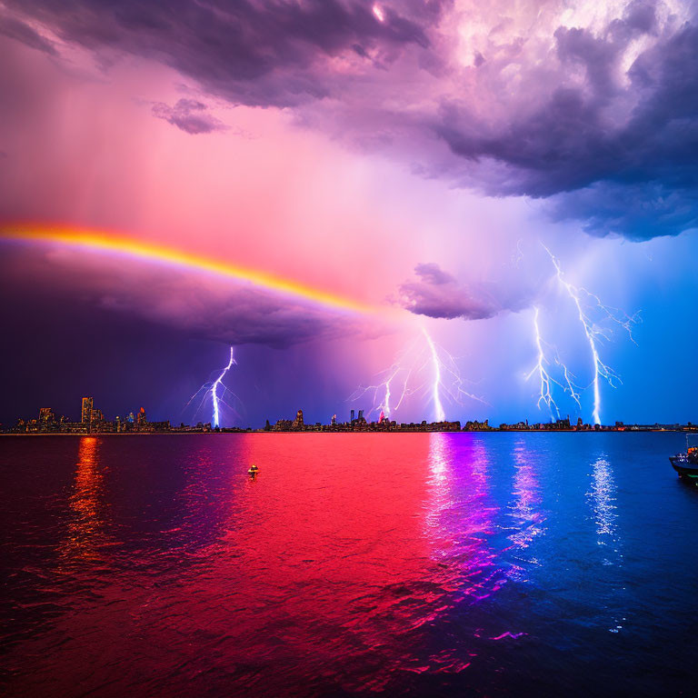 Cityscape with Rainbow, Lightning, and Purple Waters in Stormy Sky