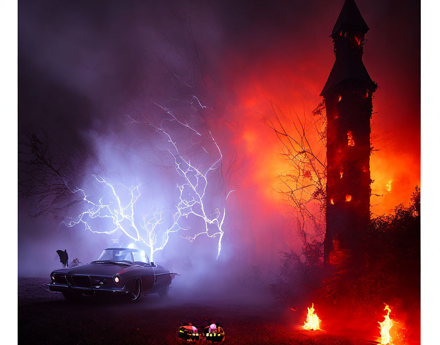 Vintage car parked near flaming pumpkin under spooky sky with crow and tower.