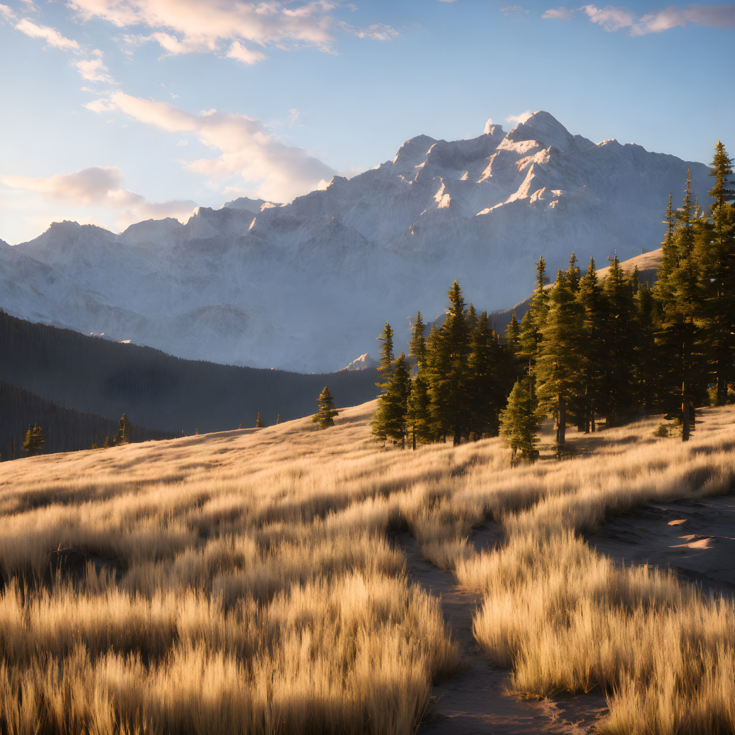 Serene mountain landscape with alpine glow on rugged peaks