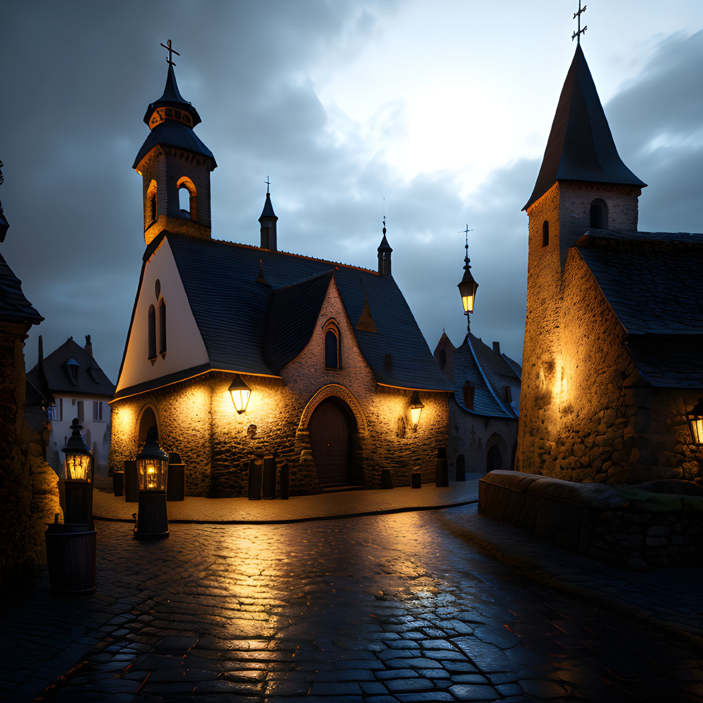 Old Stone Church with Steeple Illuminated at Dusk