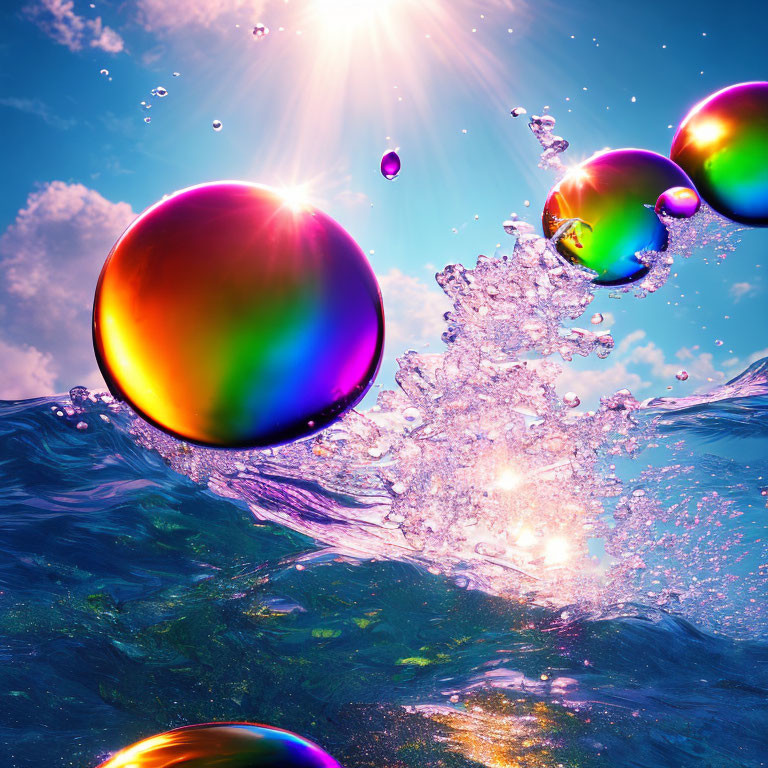 Colorful bubbles and water surface under bright sun with suspended droplets