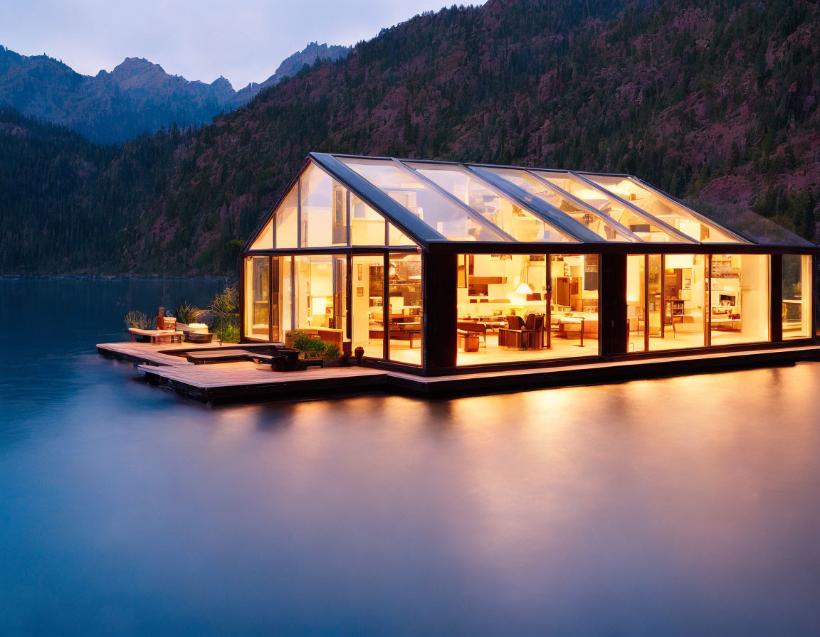 Glass house with interior lights overlooking lake & mountains at dusk