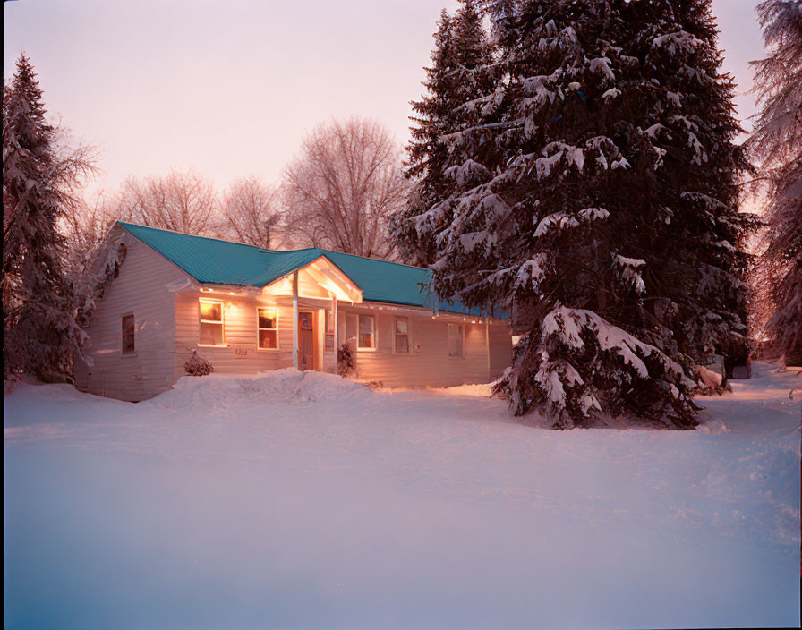 Snow-covered house at dusk with glowing lights and towering evergreens under pinkish sky