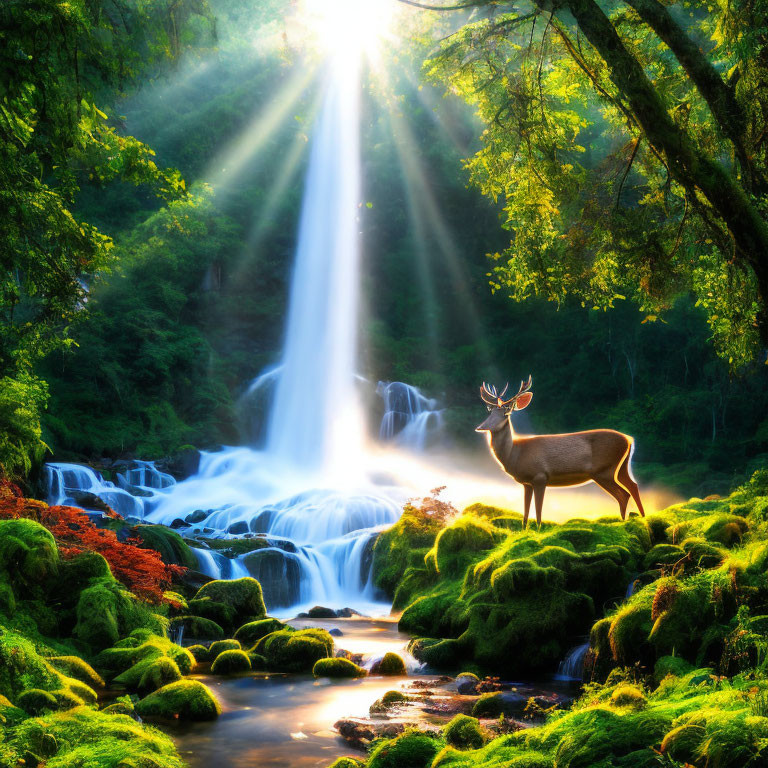 Majestic deer by cascading waterfall with sunbeams in forest