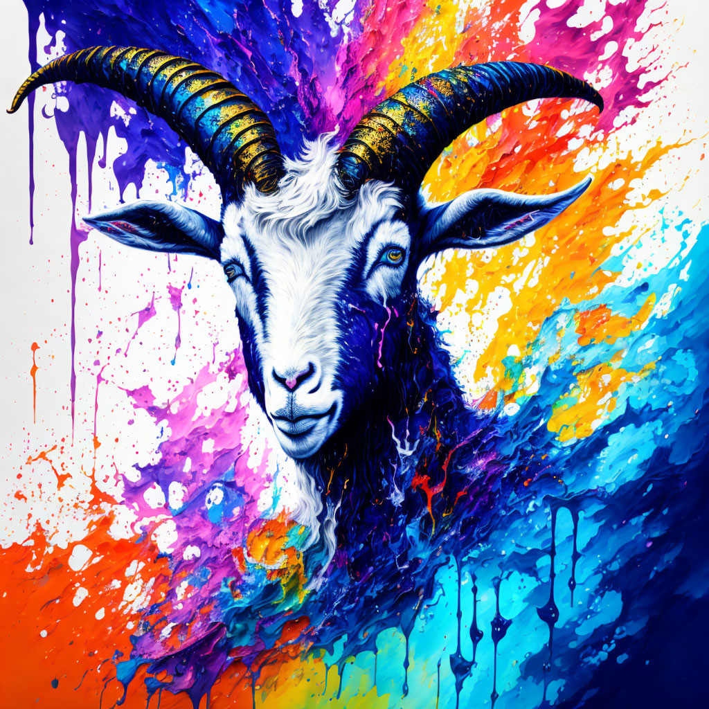 Colorful Goat Painting with Majestic Horns and Explosive Background