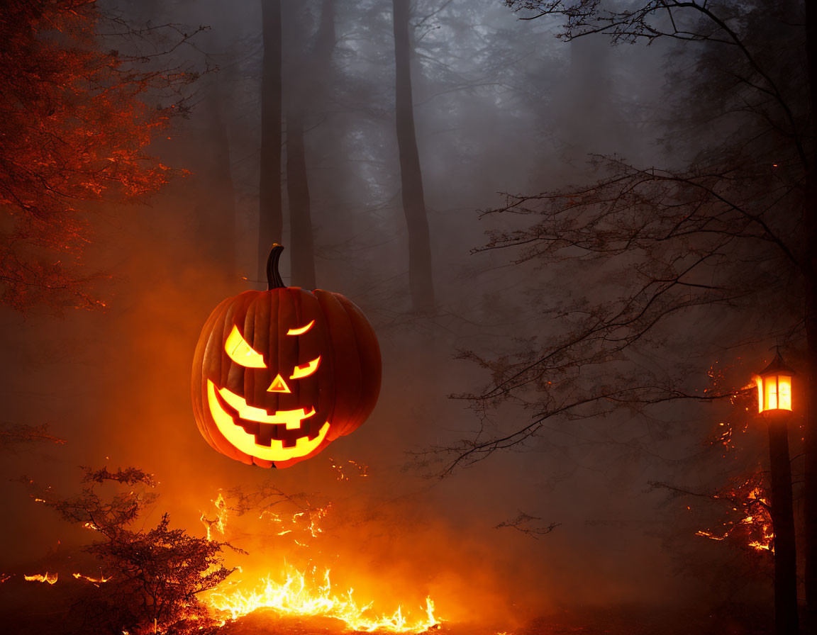 Eerie Halloween scene with glowing jack-o'-lantern in foggy forest