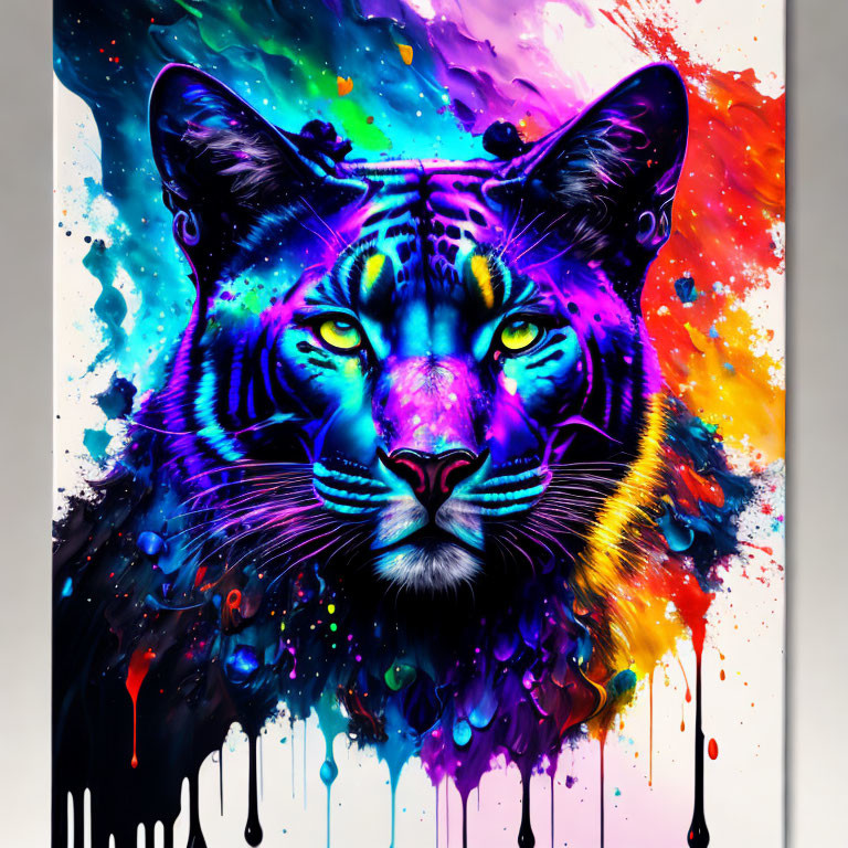 Colorful Tiger Face Artwork with Dripping Paint Effect