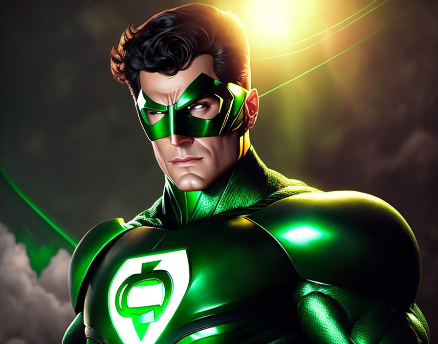 Green Lantern illustration with determined expression in iconic suit and mask