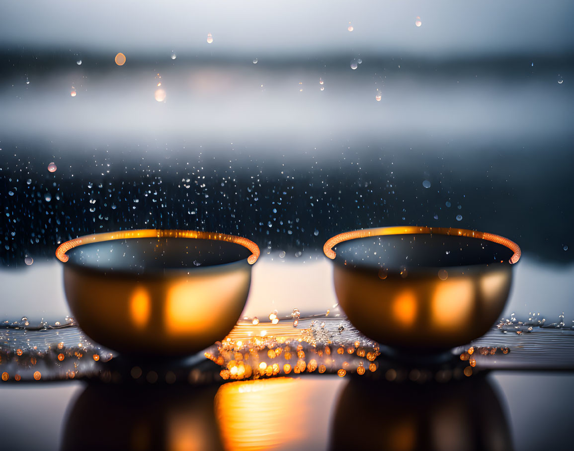 Glowing Edges Bowls on Reflective Surface with Water Droplets