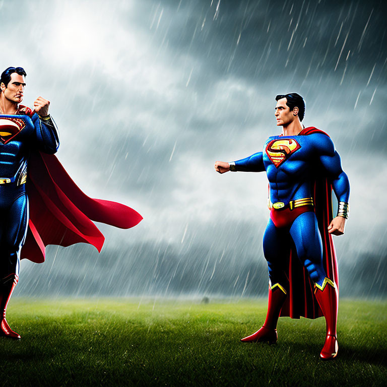 Two Supermans Pose Together in Stormy Rain