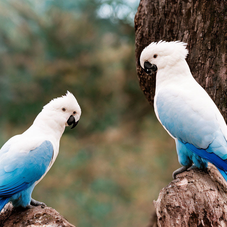 White Cockatoos with Blue-Tipped Wings Perched on Tree Branch