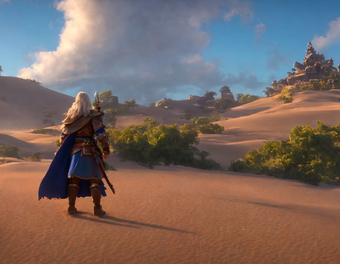 Medieval armor character with blue cape in desert landscape.