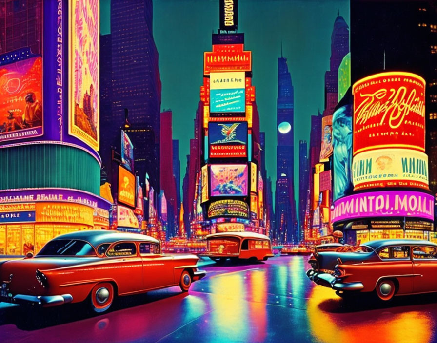 Colorful Times Square Night Scene with Vintage Cars & Neon Lights