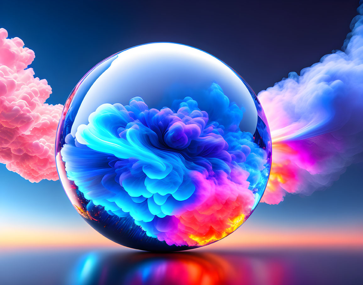 Iridescent bubble resembling a flower against colorful sunset sky