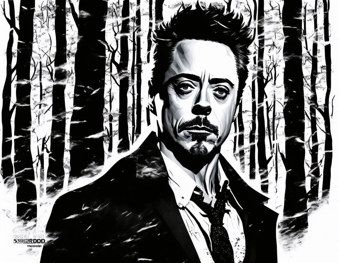 Monochrome artwork featuring a man in a suit with intense gaze and styled hair against shadowy trees.