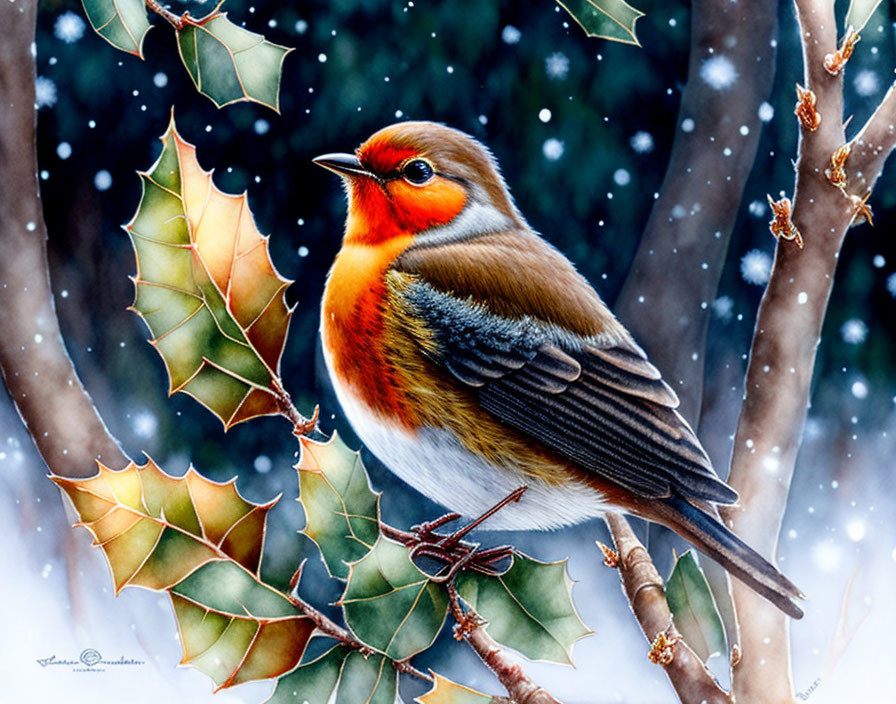 Vibrant robin on snowy holly branch.