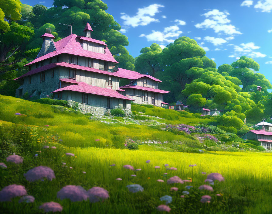 Vibrant fantasy landscape with pink-roofed houses and lush green hills