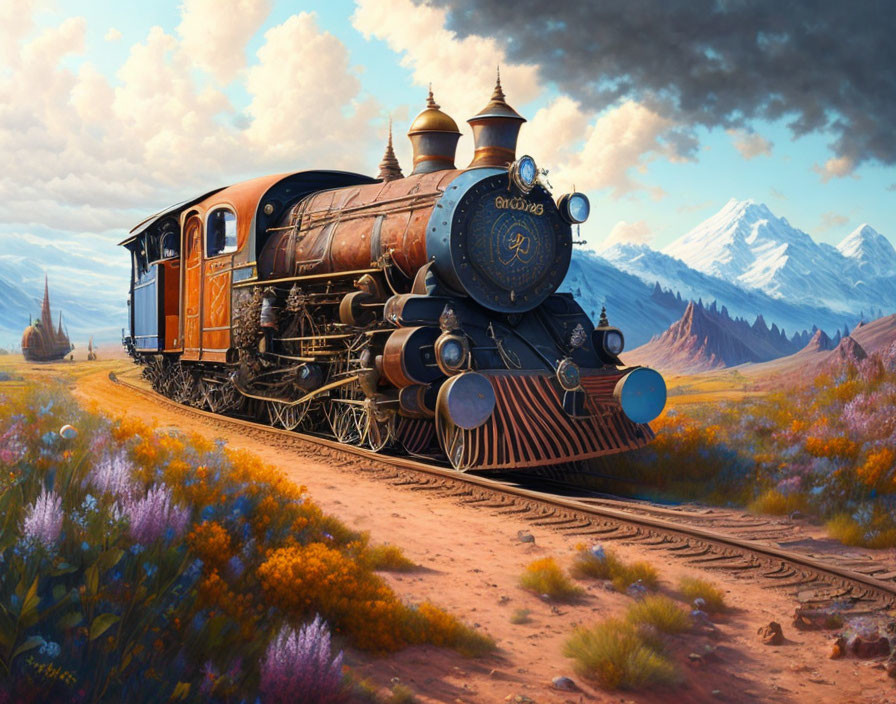 Vintage steam locomotive on track in colorful landscape with mountains