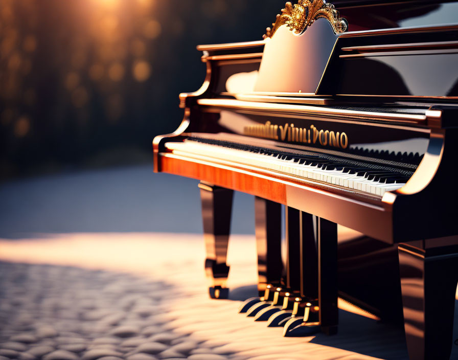 Open lid grand piano with golden accents in warmly lit outdoor setting