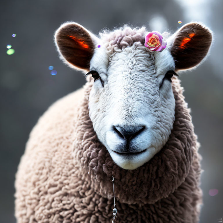 Fluffy brown sheep with pink rose in ear on soft-focus background