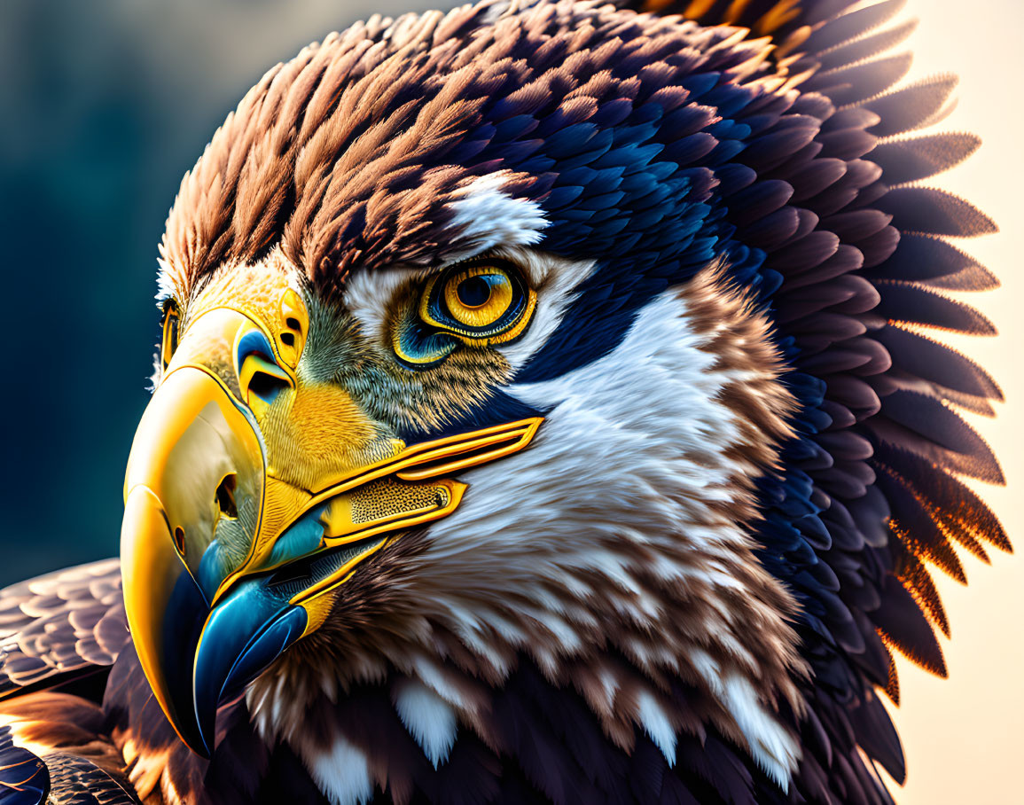 Detailed stylized eagle with intricate feathers and colorful beak on blurred background