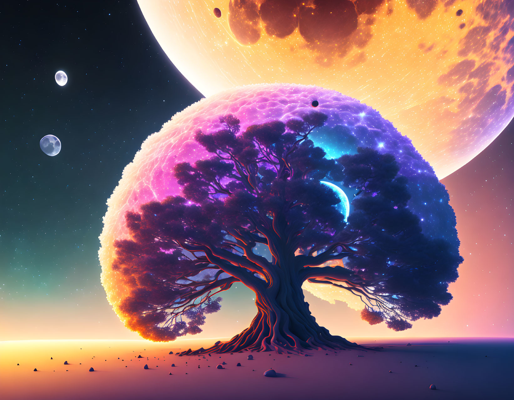 Vibrant tree in surreal cosmic landscape with moons and stars