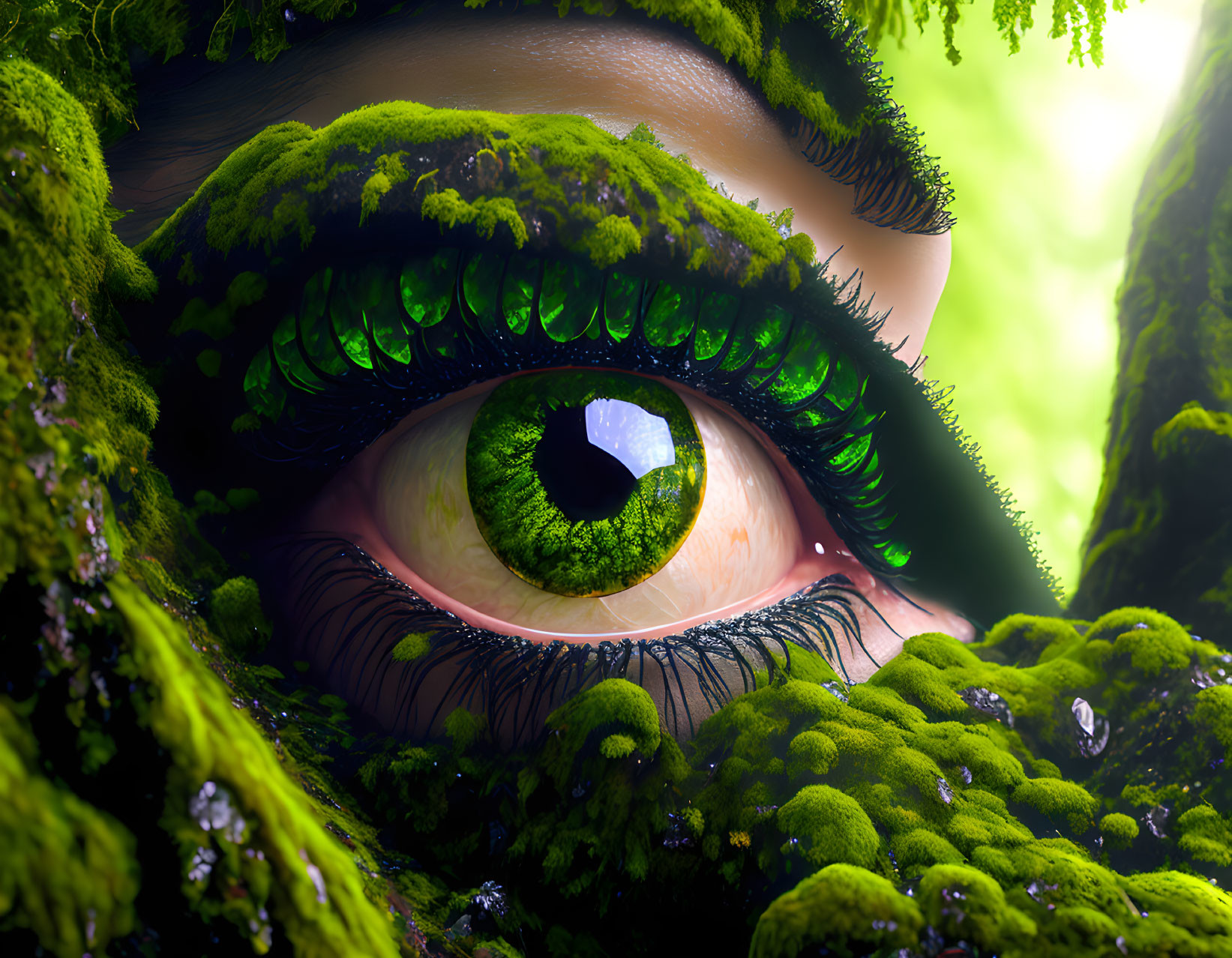 Detailed artwork of human eye with vibrant green iris in lush moss setting