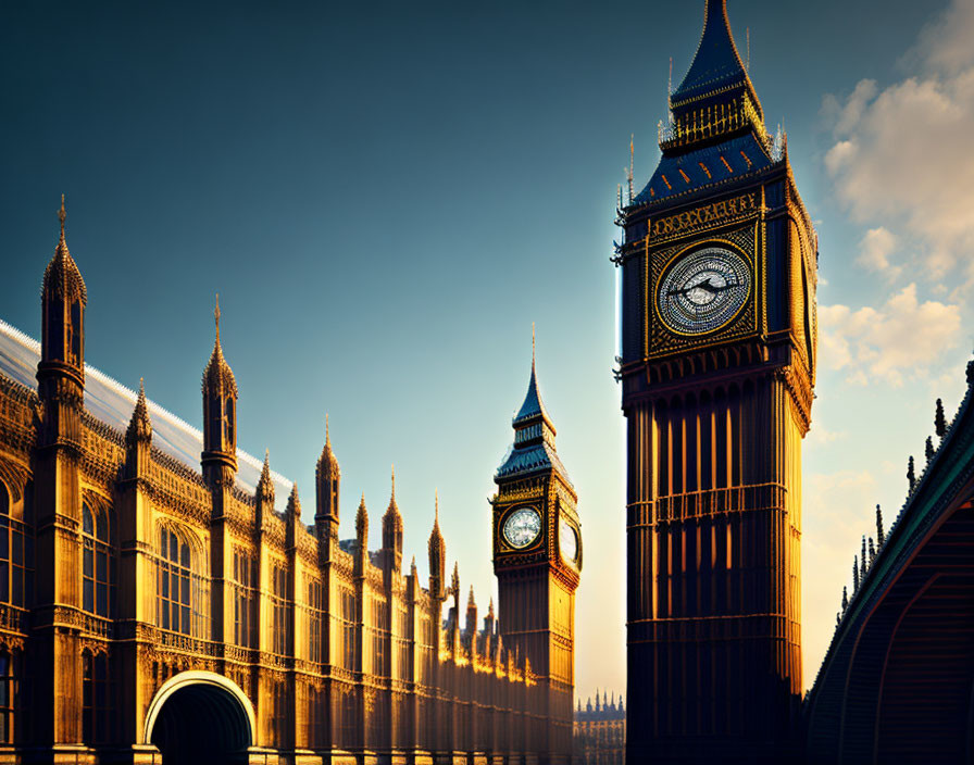 Iconic Elizabeth Tower and Big Ben clock near UK's Parliament.