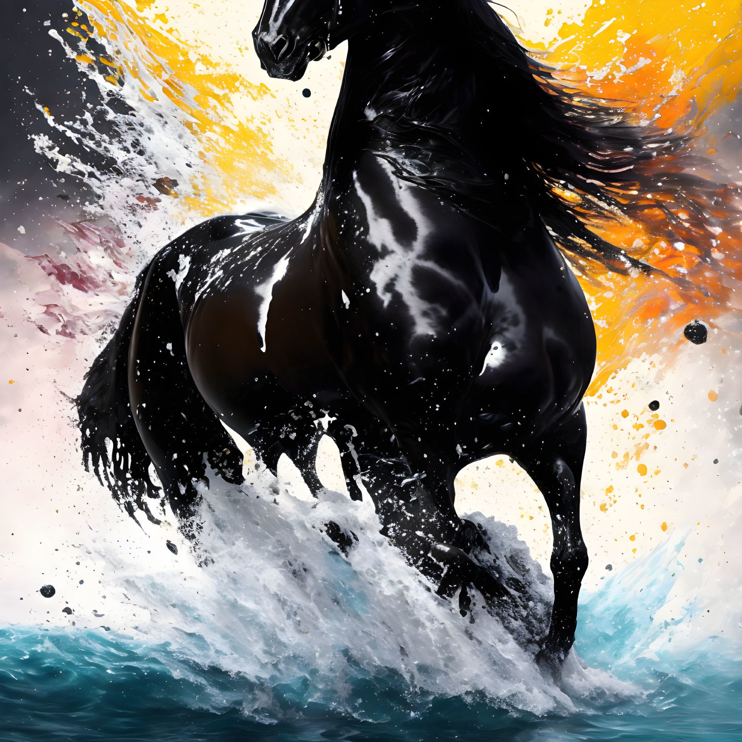 Majestic black horse rearing with dynamic water splash & vibrant background.