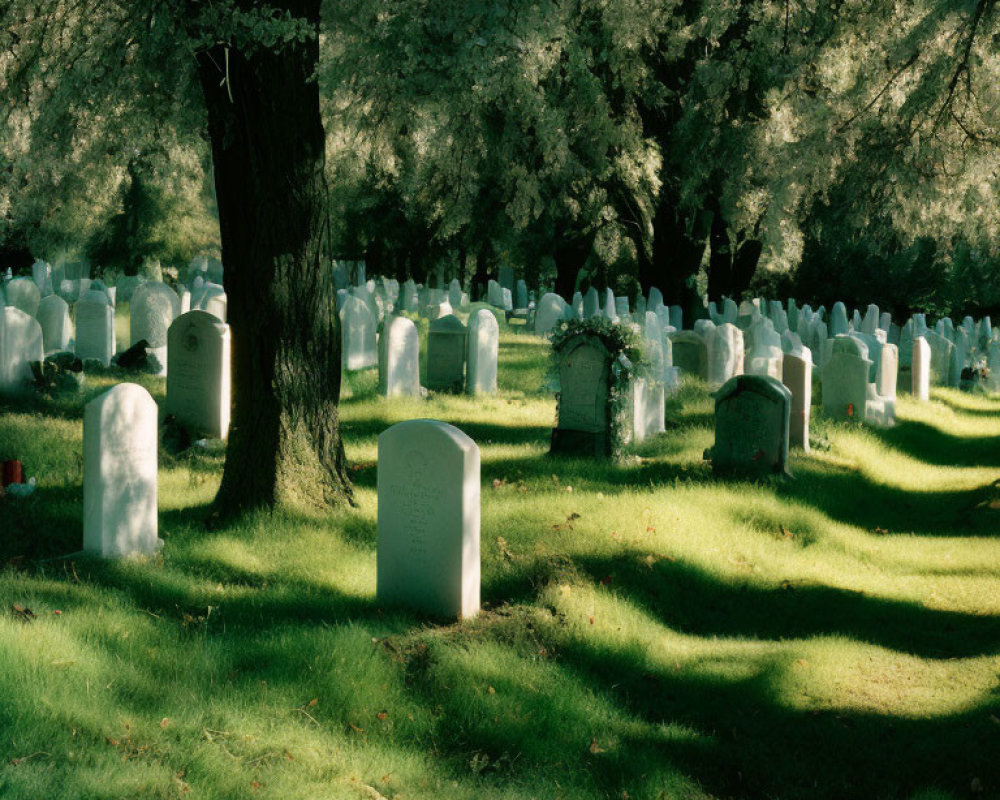 Tranquil cemetery scene with tombstones, green grass, trees, and sunlight.