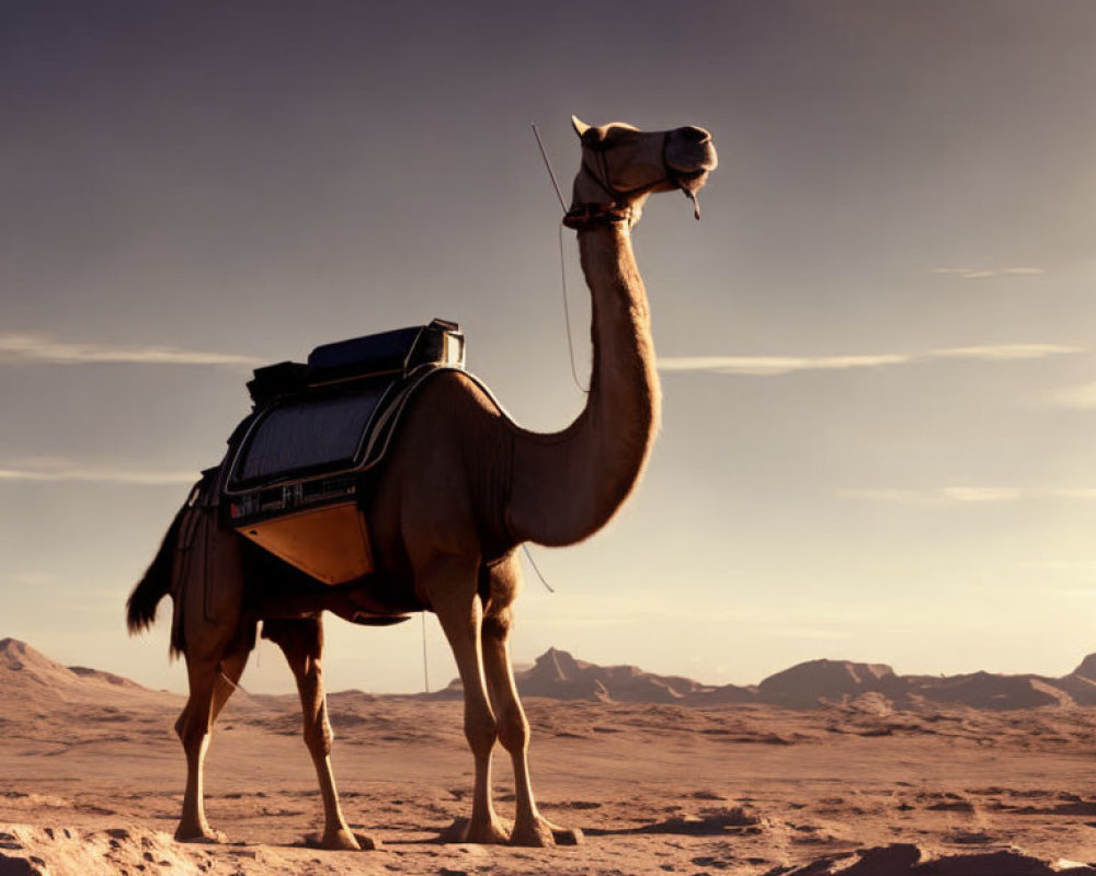 Camel with Saddle on Desert Sand at Sunset Sky