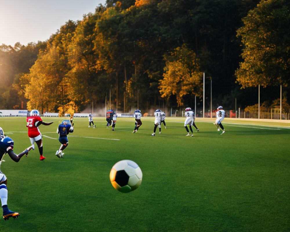 Soccer Game at Sunset: Players in Red and Blue Jerseys on Green Field