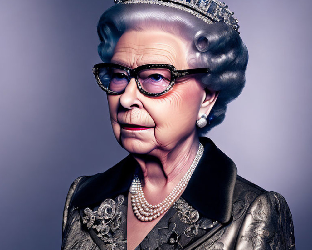 Elderly woman in stern expression with glasses, tiara, pearl necklace, and ornate dress