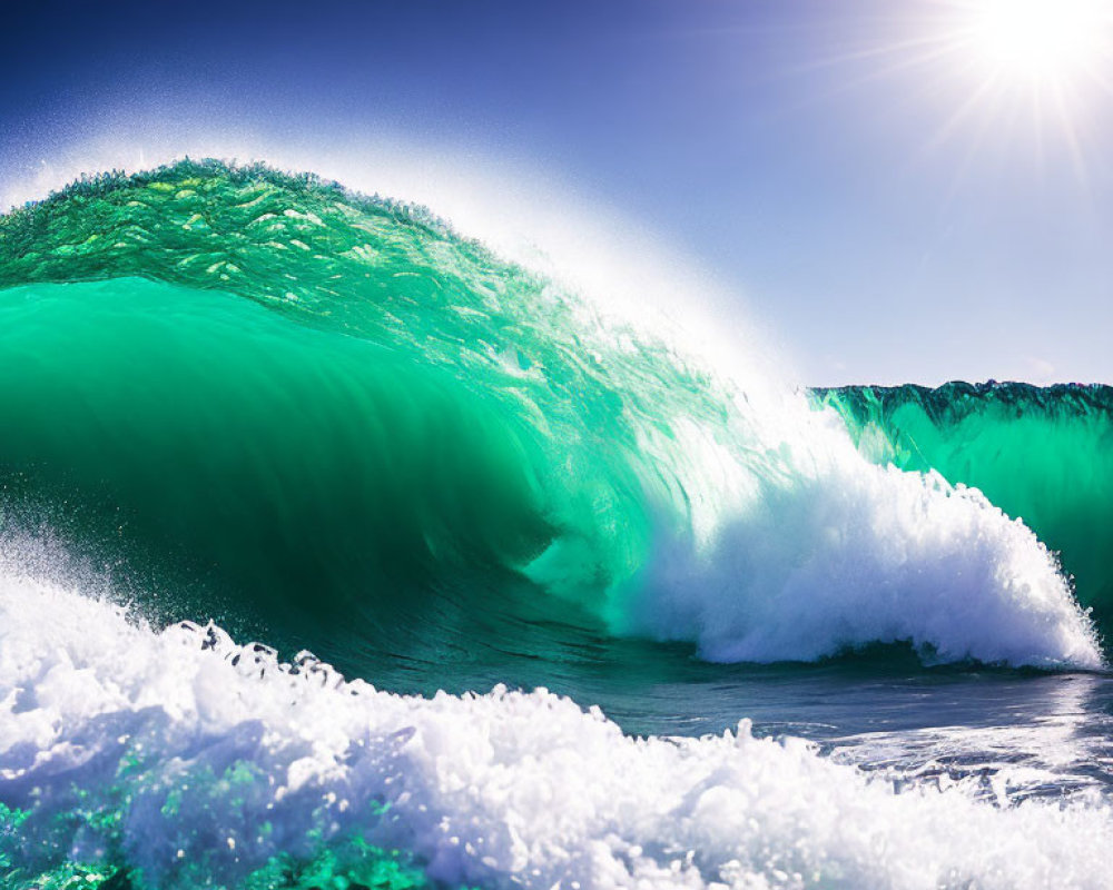 Towering Green Wave Ready to Break Under Bright Sun