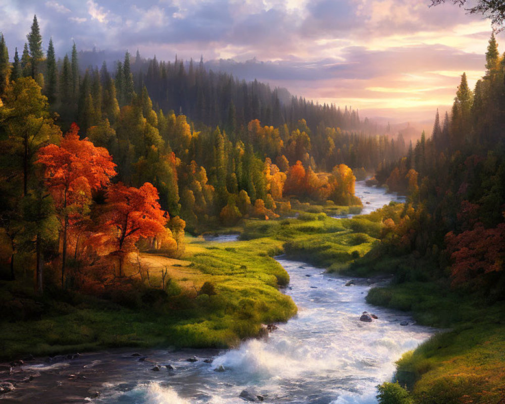 Scenic river in vibrant autumn forest at sunrise