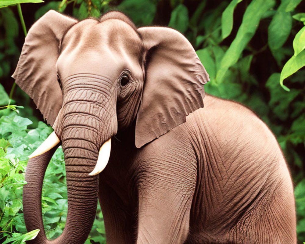 Young Elephant with Tusks in Green Foliage