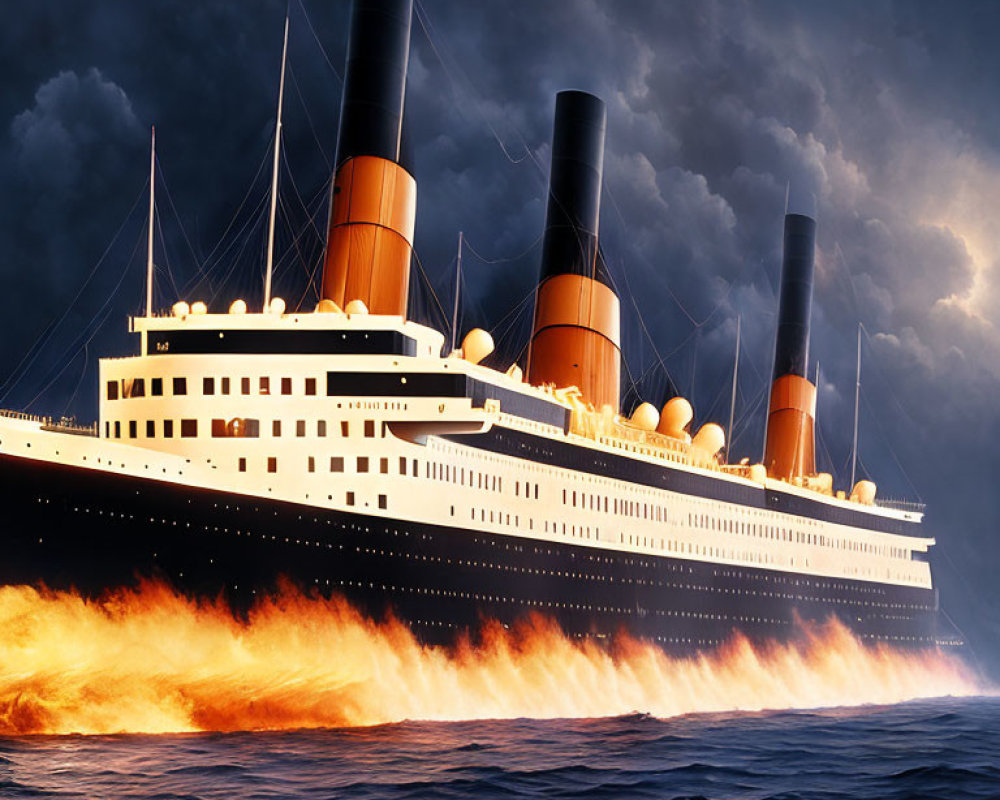 Illustration of Titanic engulfed in flames on stormy sea