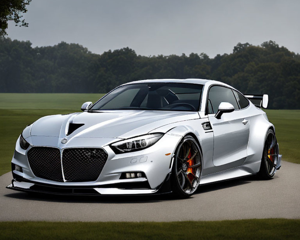 Sleek White Sports Coupe with Custom Rims and Prominent Front Grille