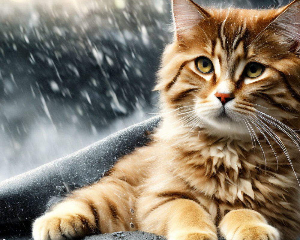 Brown Tabby Cat with Long Hair in Raindrop Background