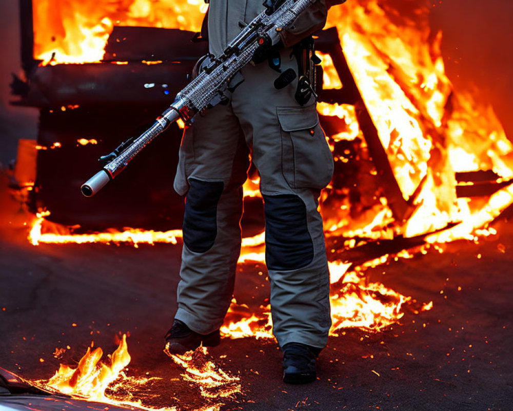 Individual in Tactical Gear with Weapon in Front of Burning Vehicle