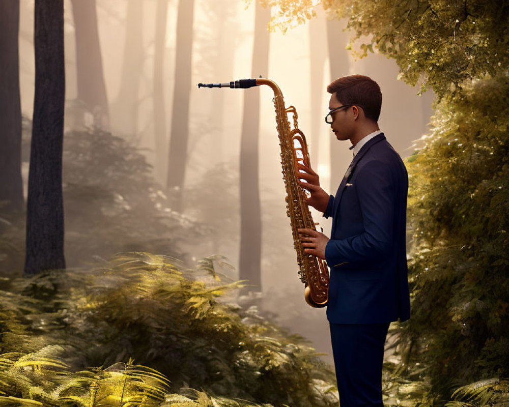 Man in suit plays saxophone in sunlit forest with lush ferns