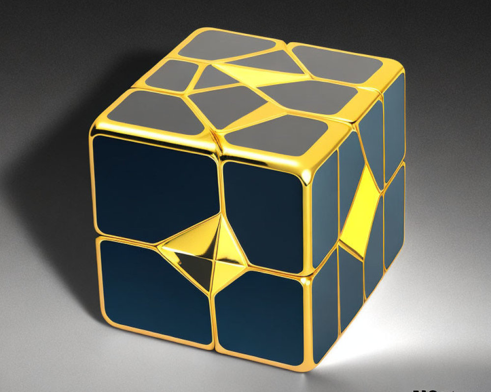 Golden and Black Metallic 3D-Rendered Rubik's Cube on Reflective Dark Background