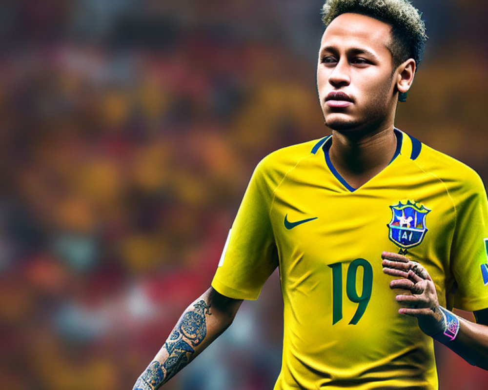 Yellow Brazilian Jersey Number 19 Soccer Player with Tattoos in Stadium Setting