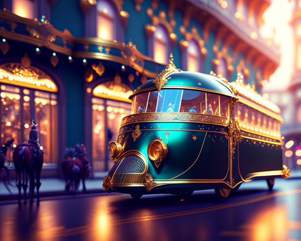 Vintage-style Blue Bus with Golden Accents on Elegant Street