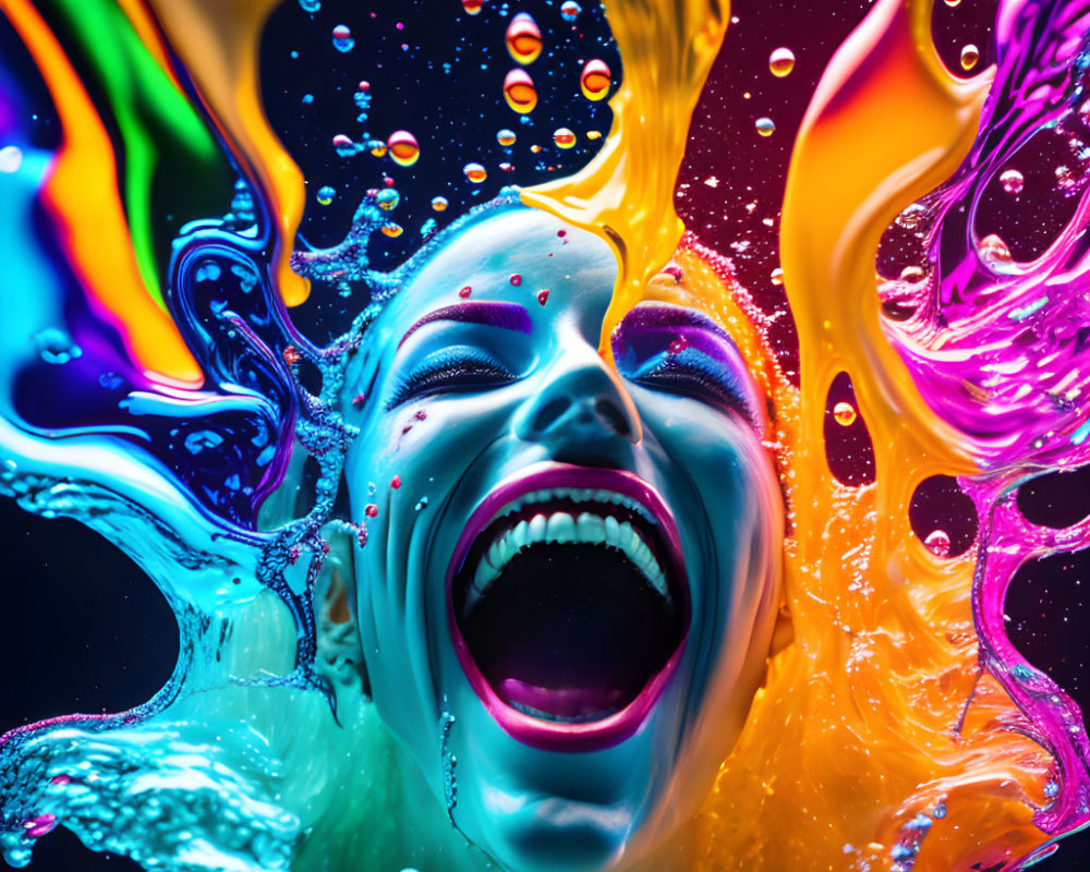 Colorful digital artwork: Face surrounded by rainbow liquid splashes