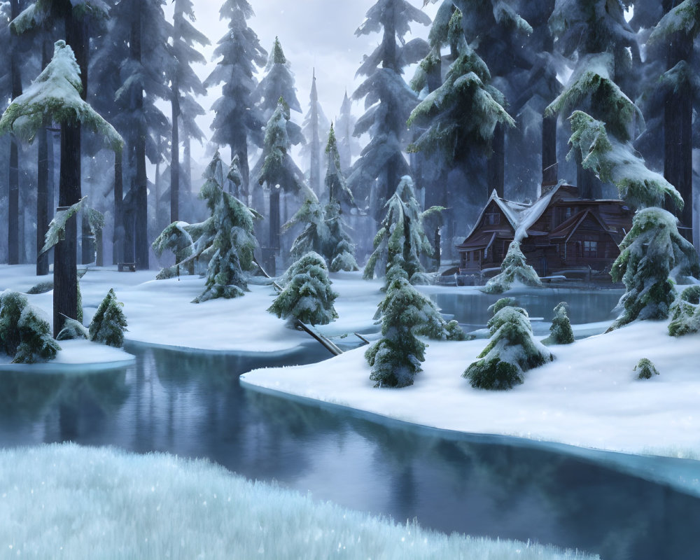 Snow-covered cabin by frozen lake in serene winter scene