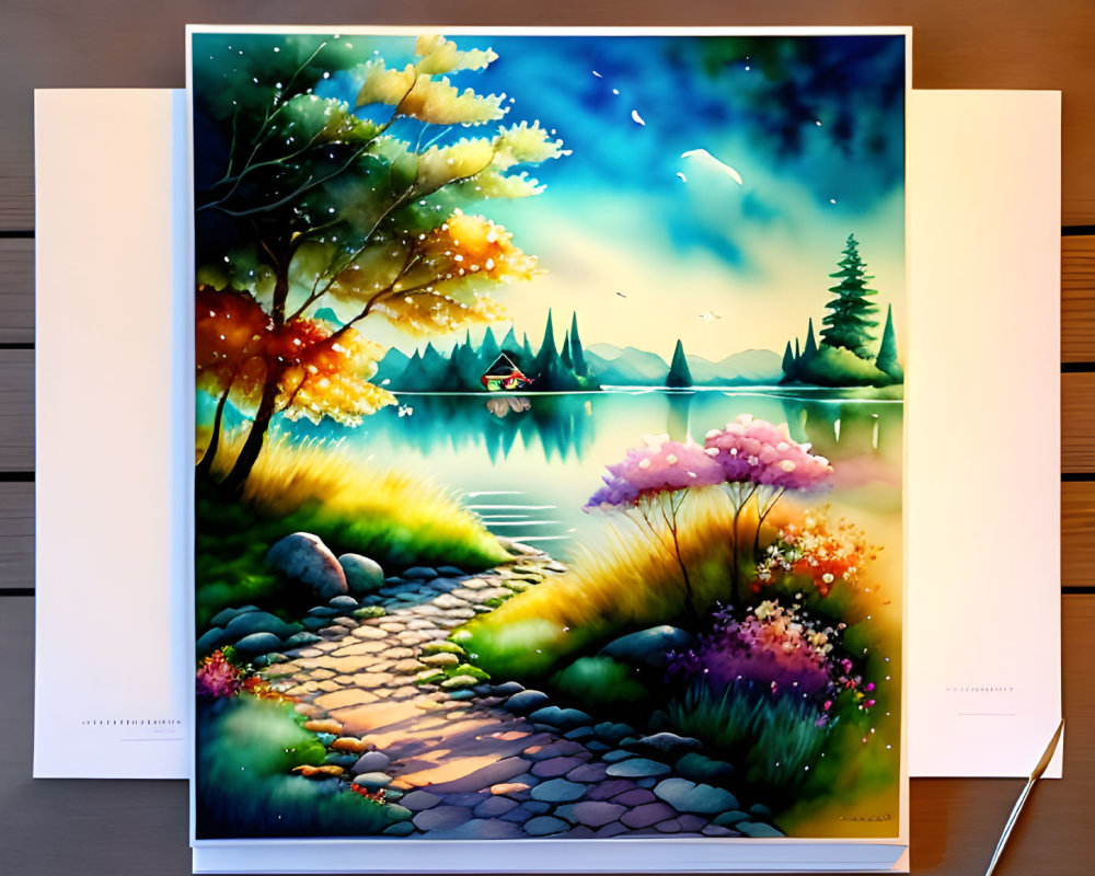 Scenic lakeside path painting at twilight with trees, flowers, lake, mountains, boat