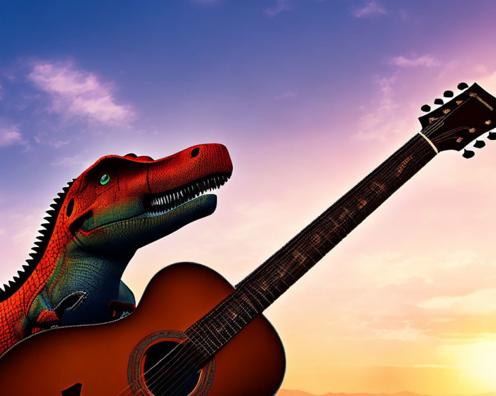 Colorful Dinosaur with Acoustic Guitar at Sunset Sky